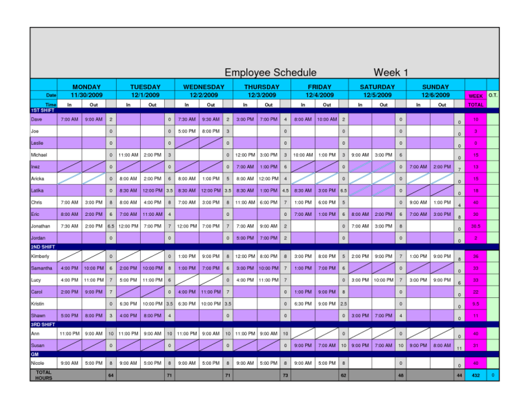 Sample Work Schedule Excel