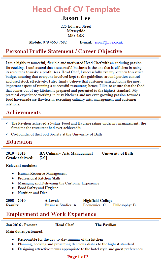 Chef Cv Examples