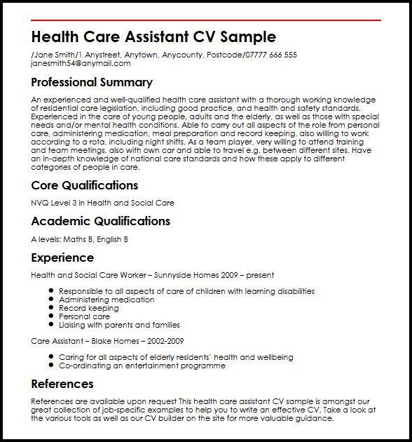 Health Care Assistant Cv Sample