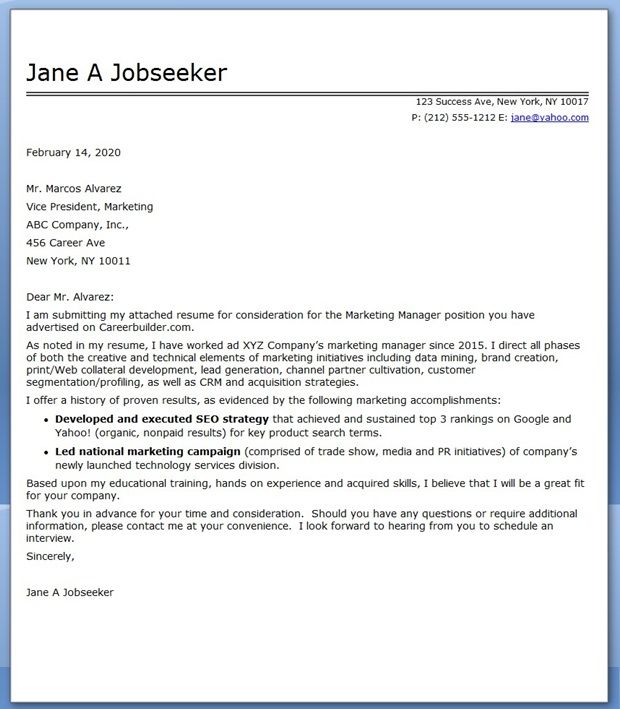 Marketing And Communications Cover Letter Example