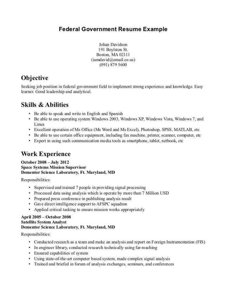 Federal Resume Example Word