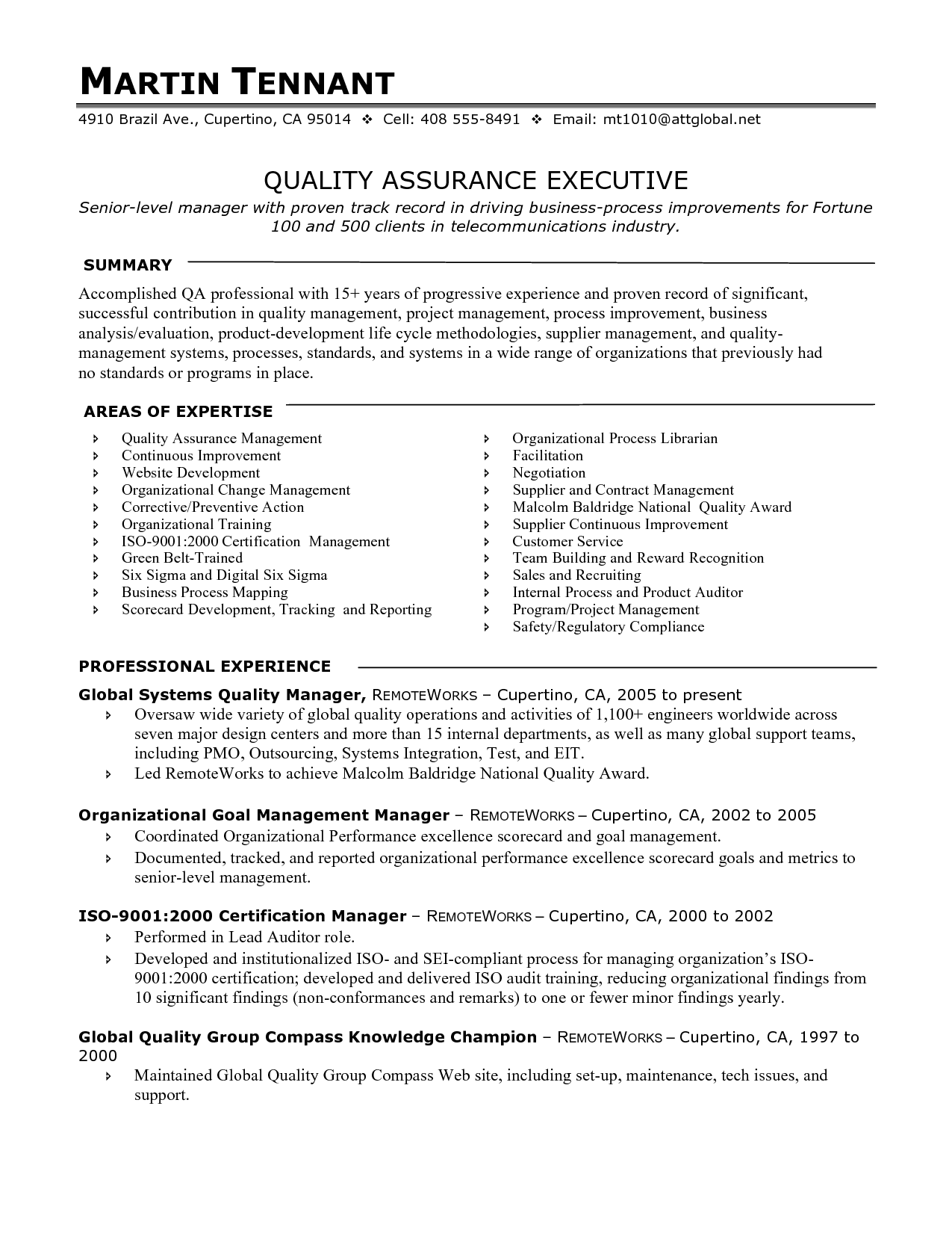 Quality Assurance Manager Resume