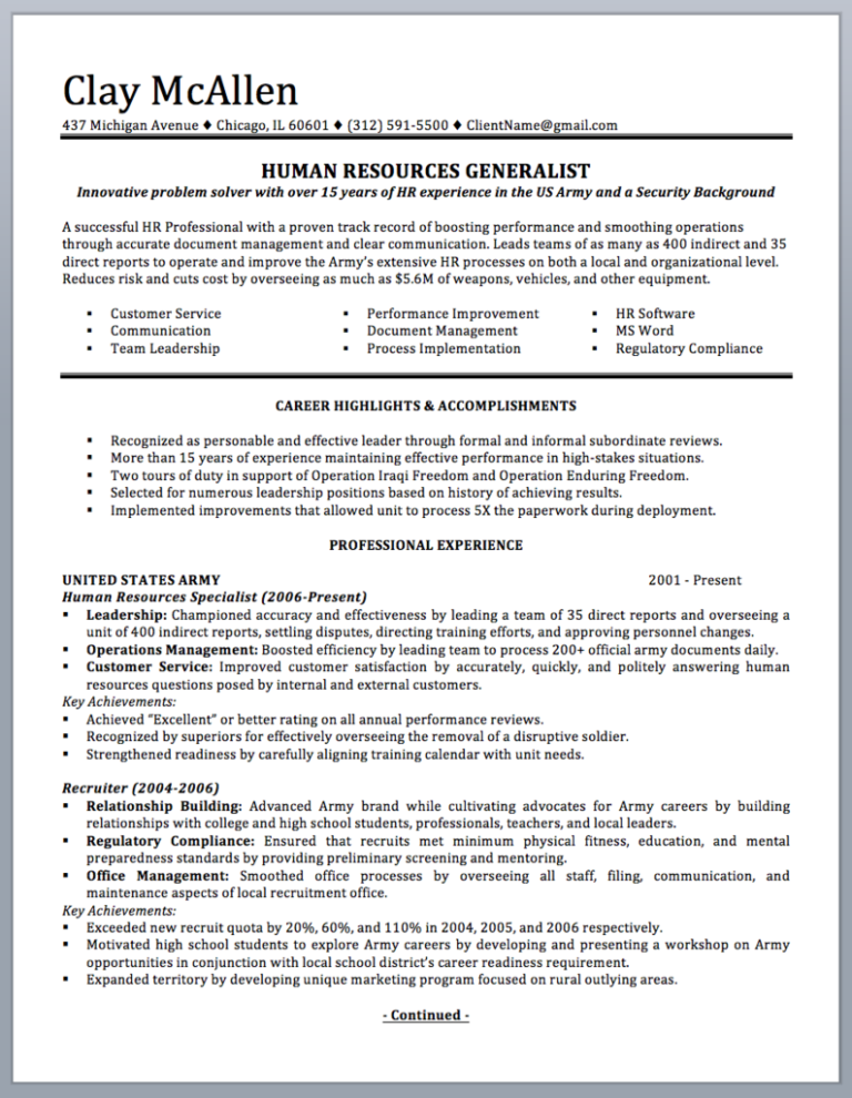 Military Experience On Resume Example