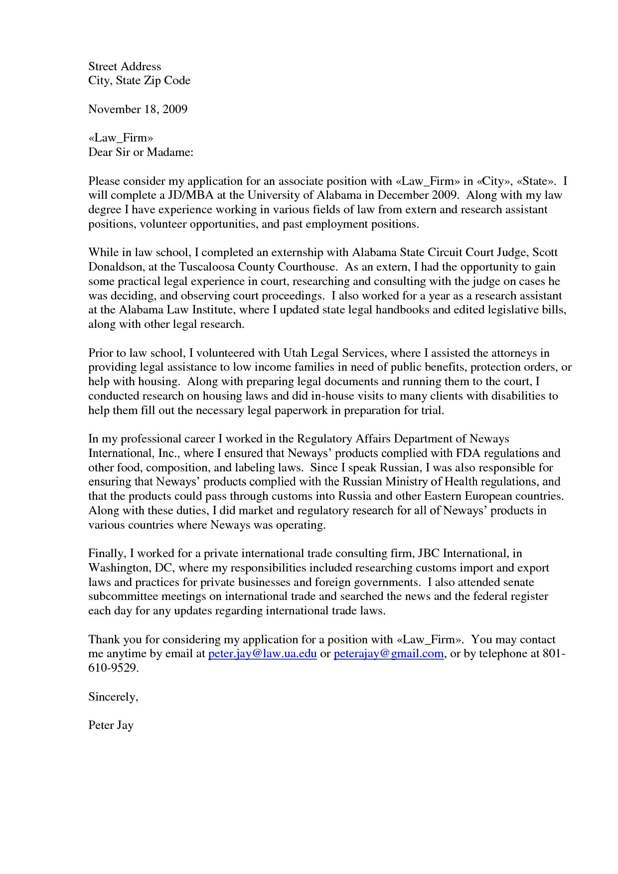 sample cover letter for law internship