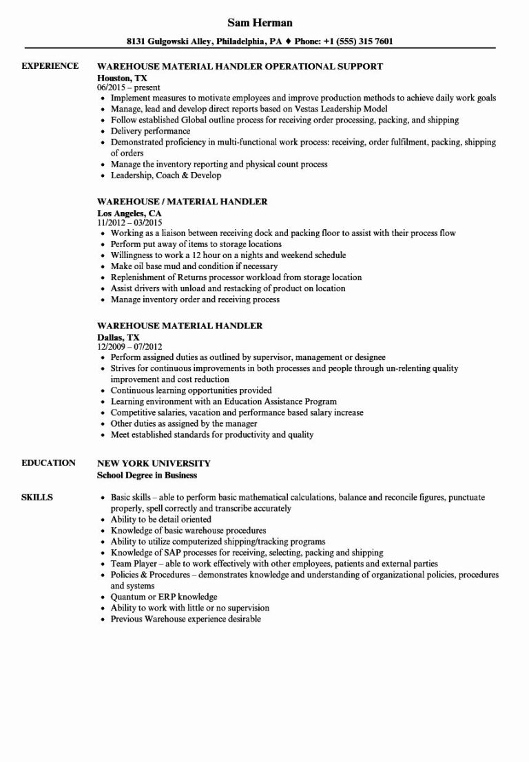 Warehouse Resume Examples Entry Level