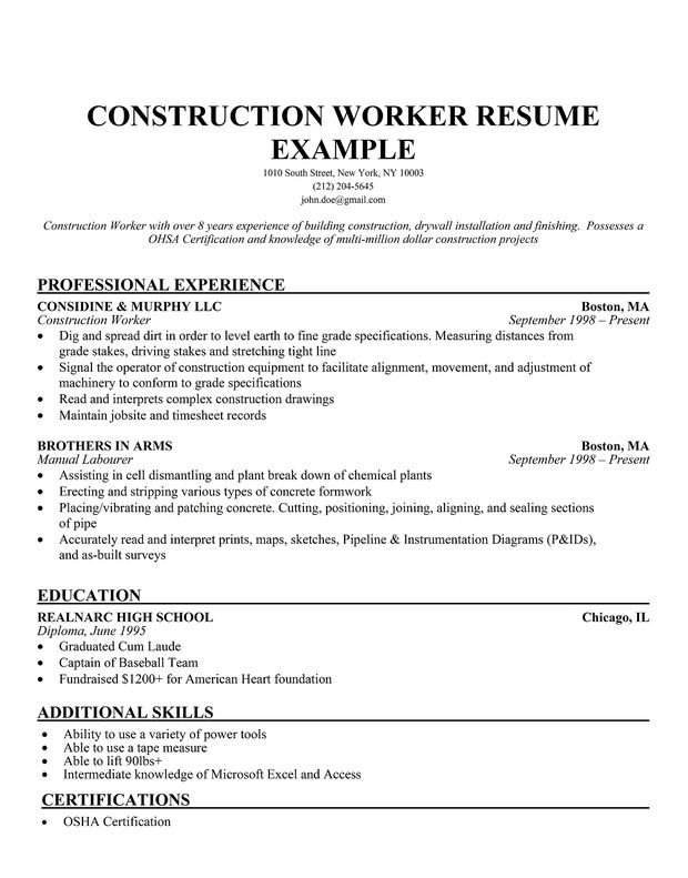 Construction Resume Examples Skills
