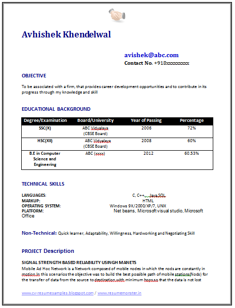 Computer Science Cv Template Doc