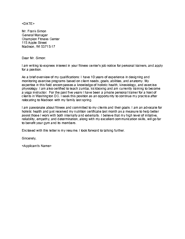 Personal Trainer Cover Letter
