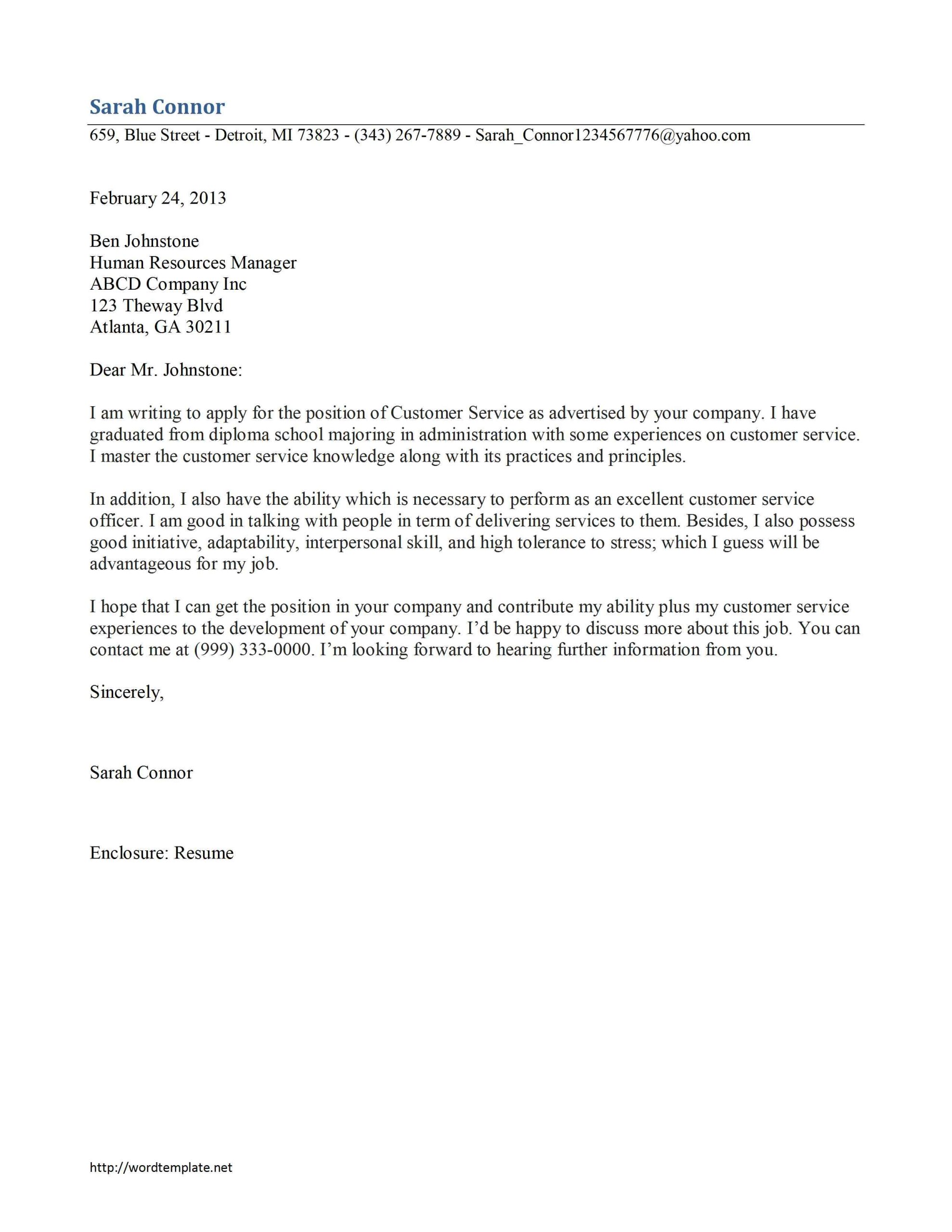 Customer Service Cover Letter Template Word