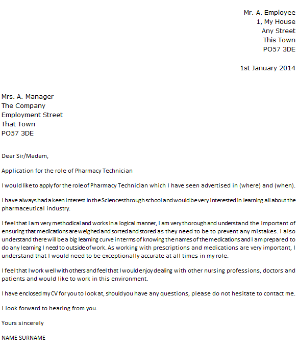Job Application Letter For Pharmaceutical Company