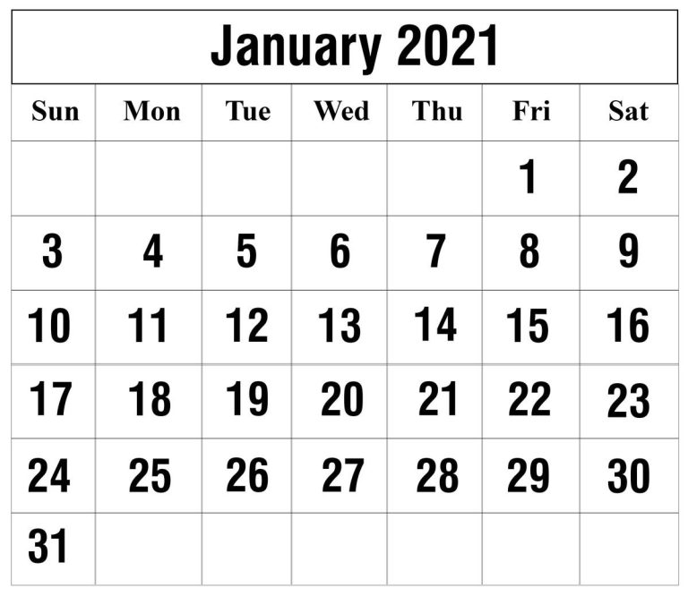 January 2021 Calendar Sample