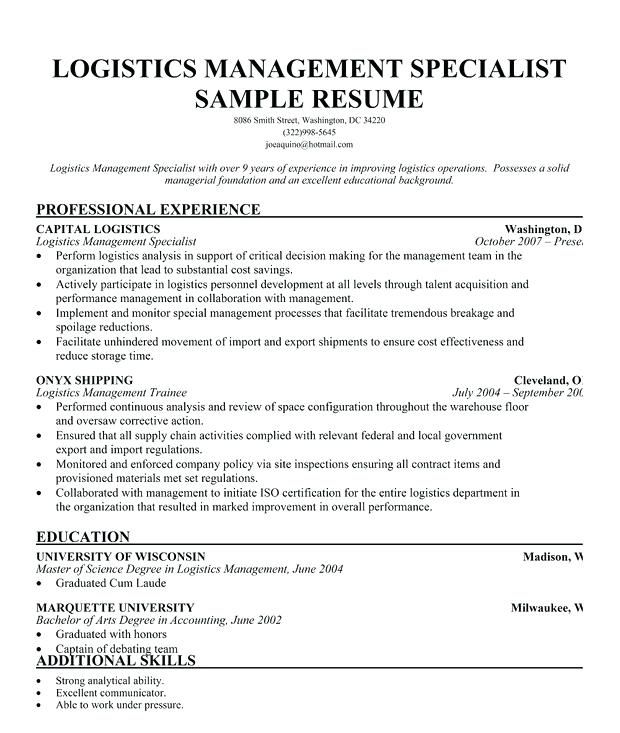 Logistics Specialist Resume
