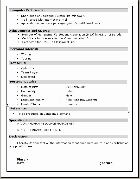 Sample Of Cv For Job Application In India