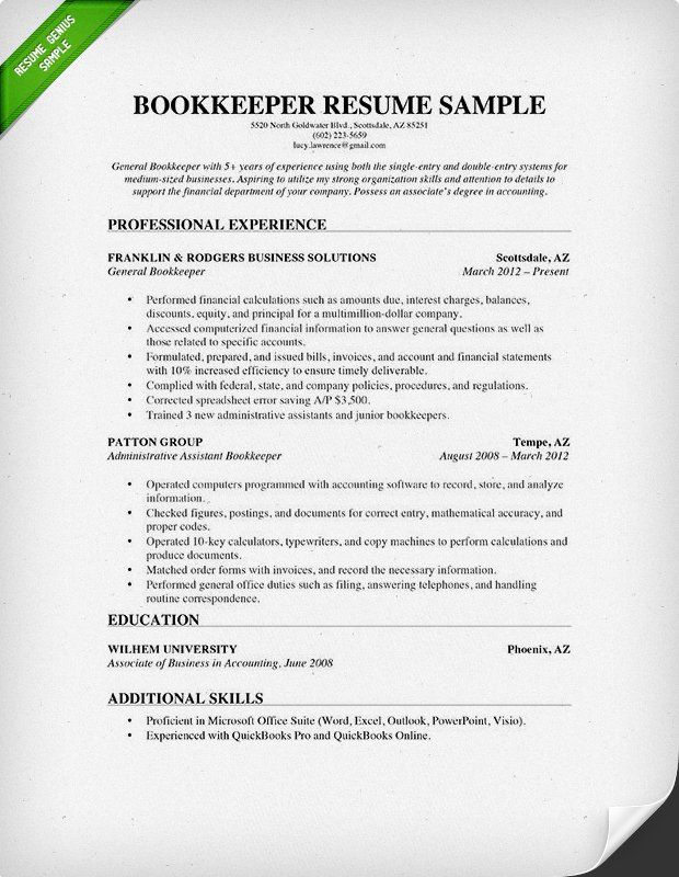 Bookkeeper Resume Samples