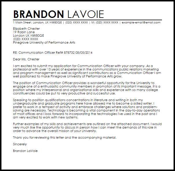 Sample Cover Letter Communications Specialist