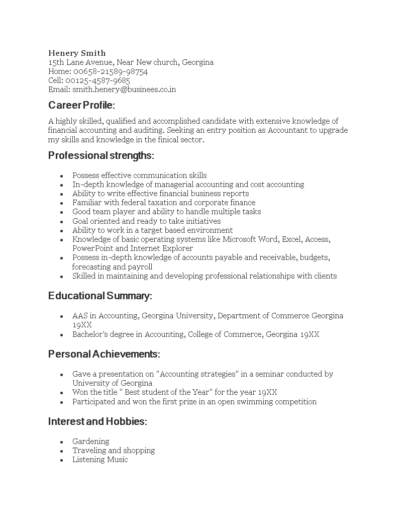 Sample Resume For Fresh Graduate Accounting