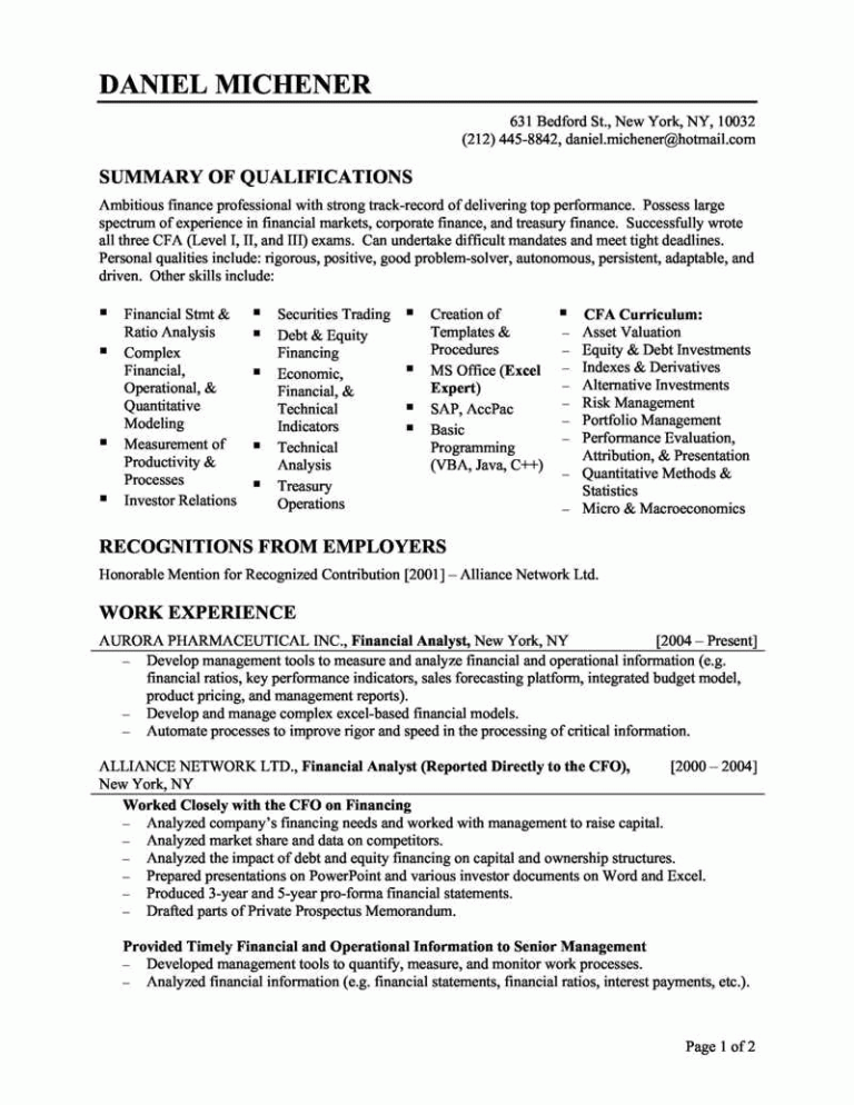 Financial Analyst Resume Examples