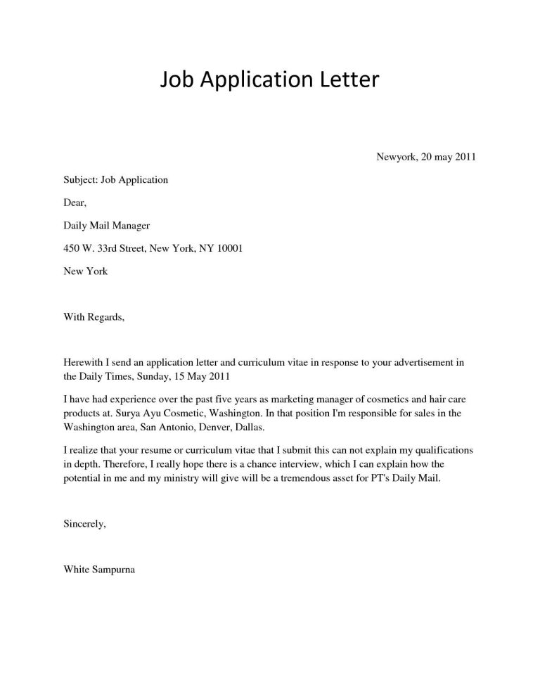 Sample Letter To Apply For A Job