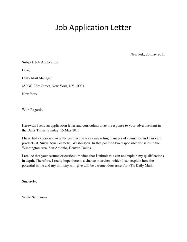 Simple Job Application Letter For Any Position