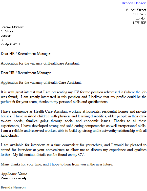 Health Care Assistant Cover Letter
