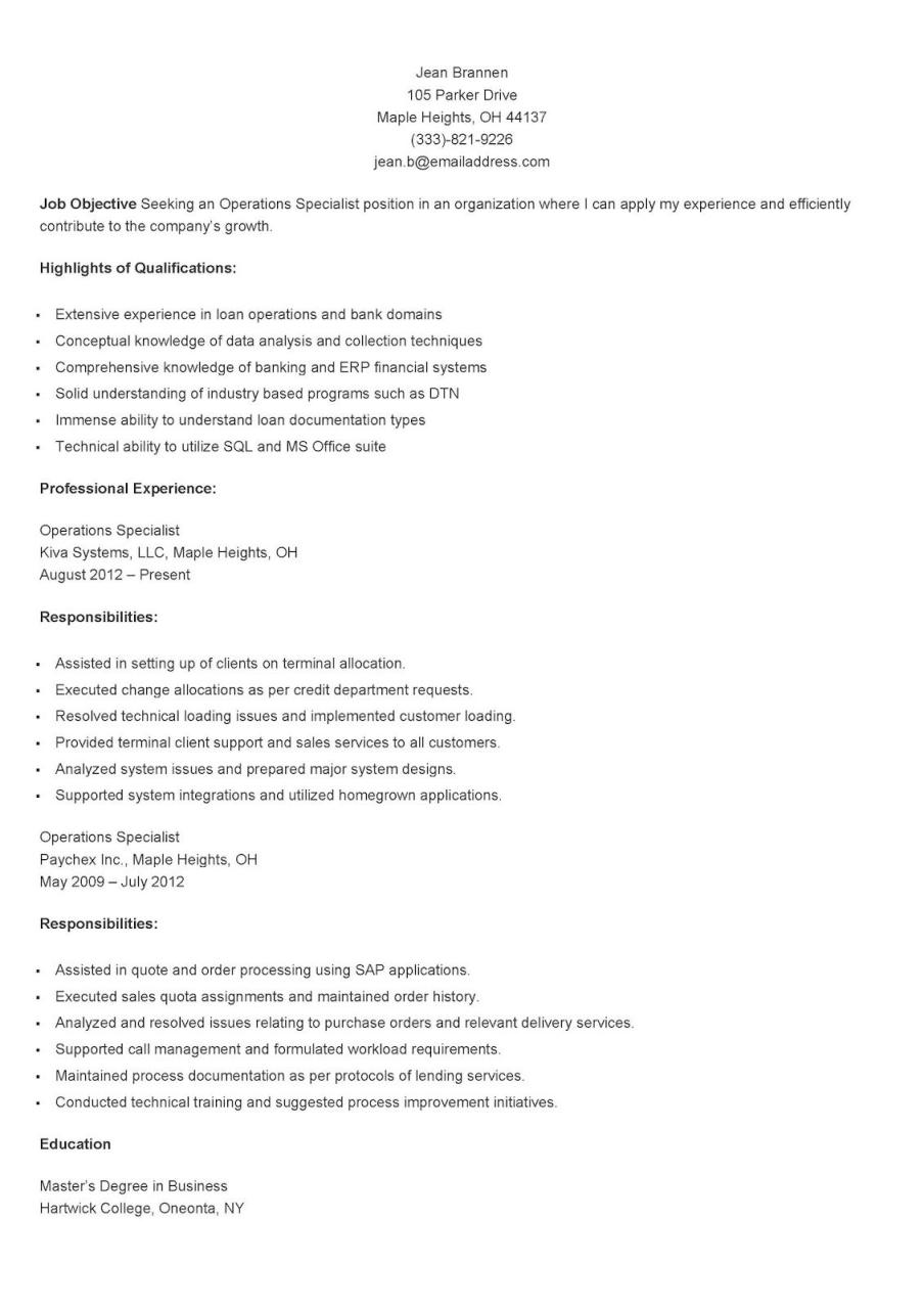 Operations Specialist Resume