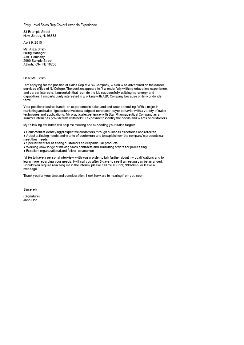 Application Letter For The Post Of A Sales Rep