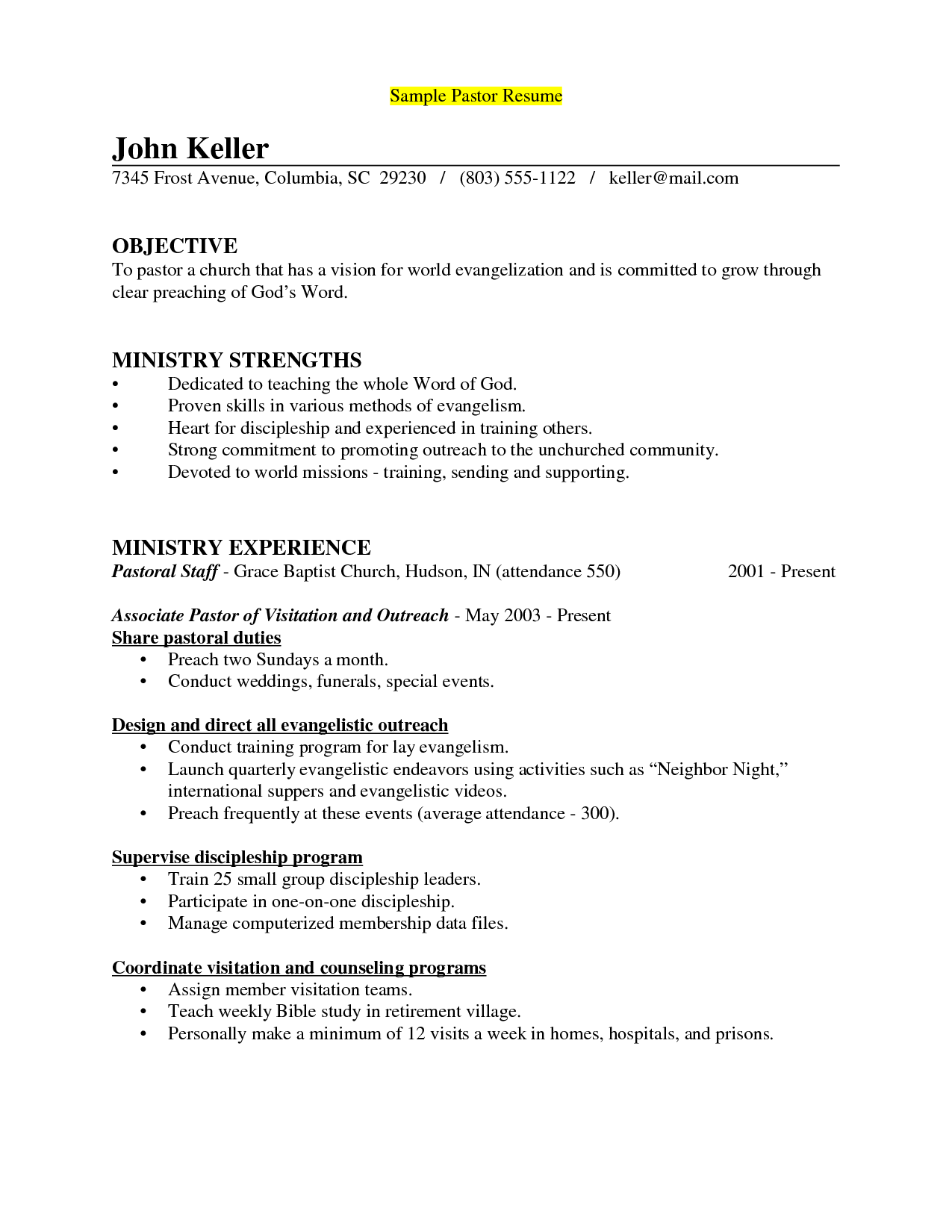 Ministry Resume Examples