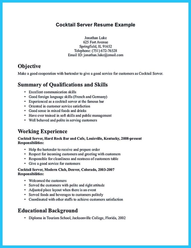 Bartender Resume Example Objective