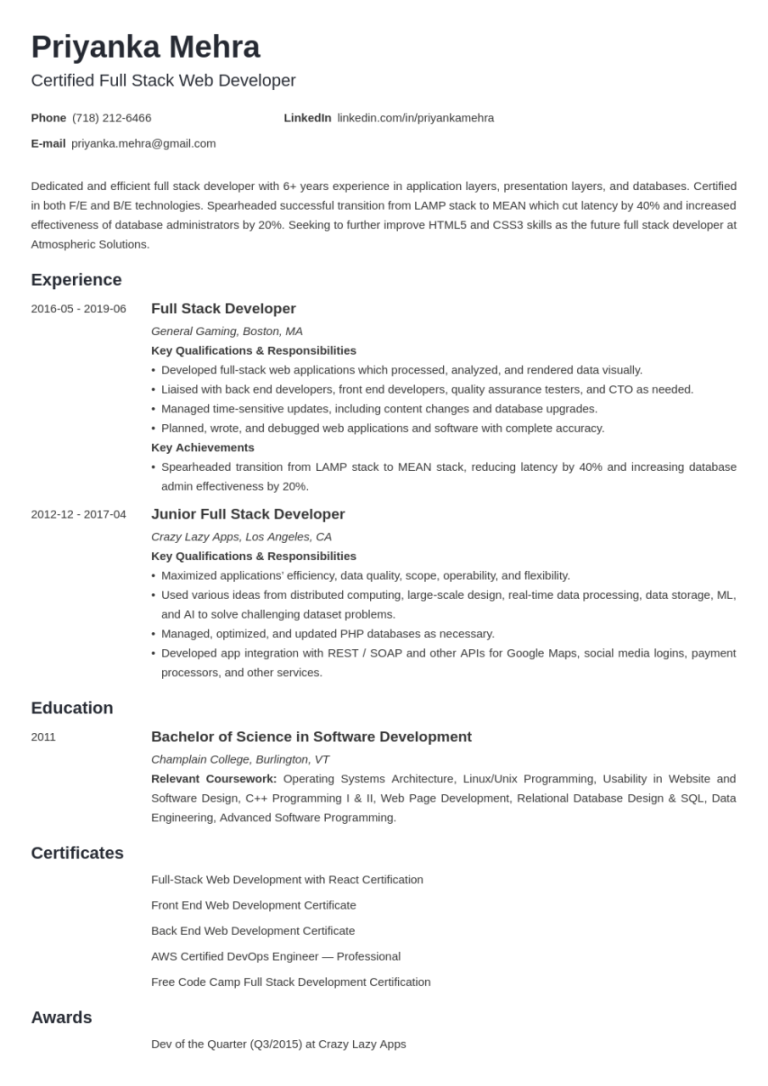 Sample Resume For Internship Software Engineering
