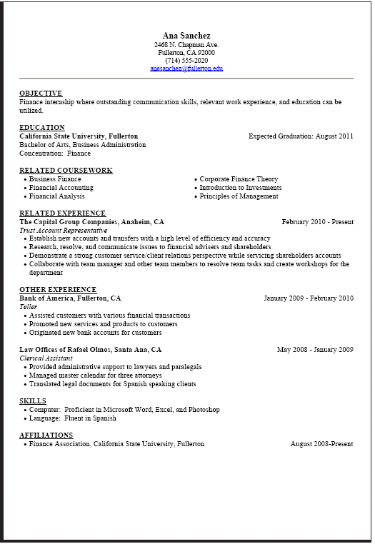Resume For University Application Sample