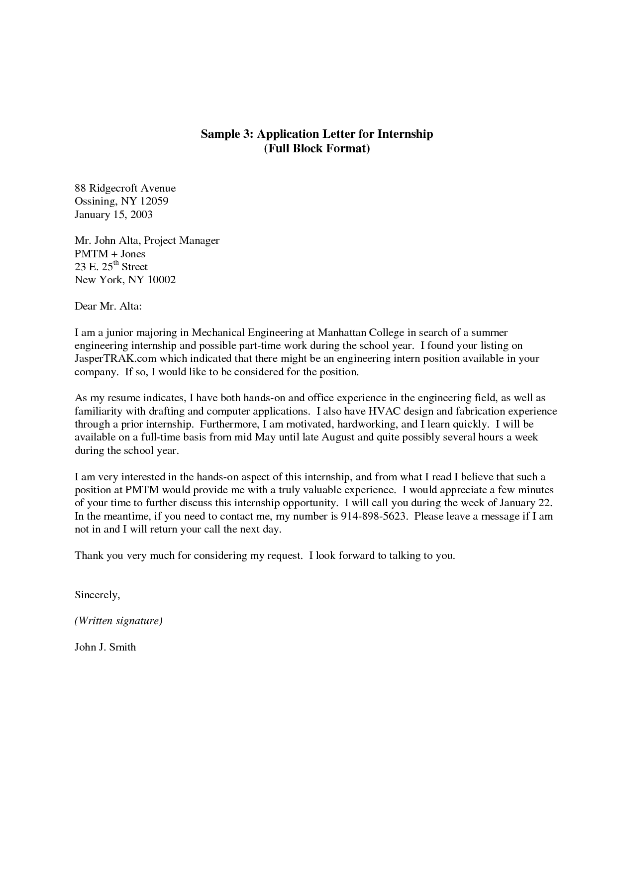 Example Of Application Letter For Internship