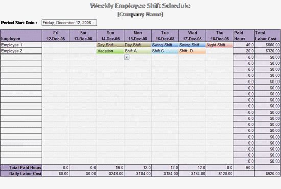 Weekly Work Schedule Example