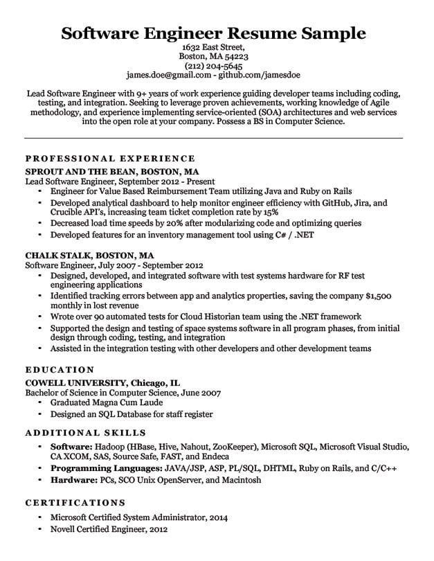 Resume Experience Examples Software Engineer