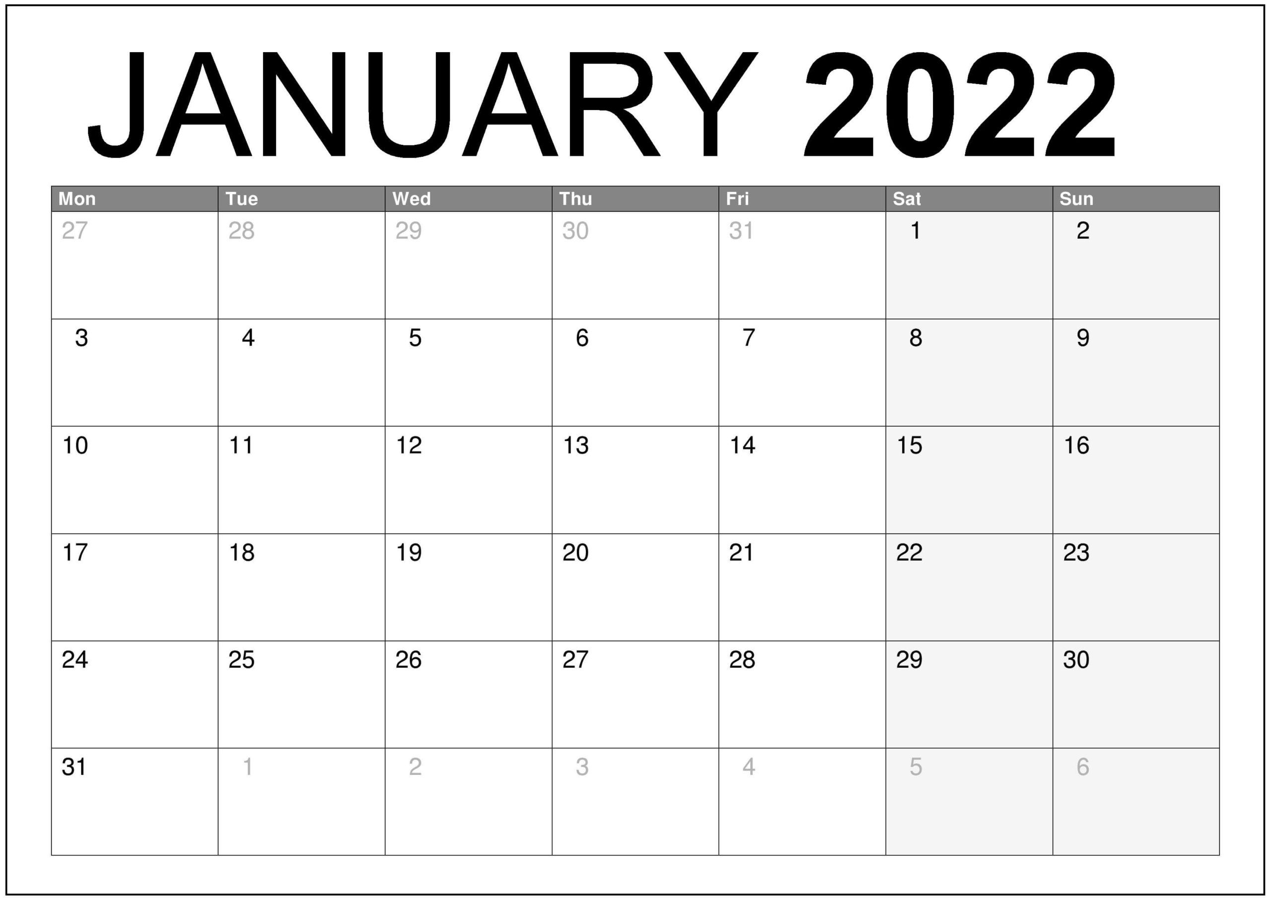 January 2022 Calendar Printable Free Word
