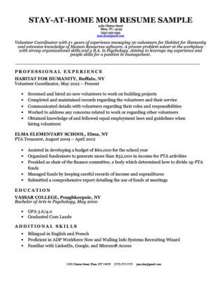 Stay At Home Mom Resume Summary Example