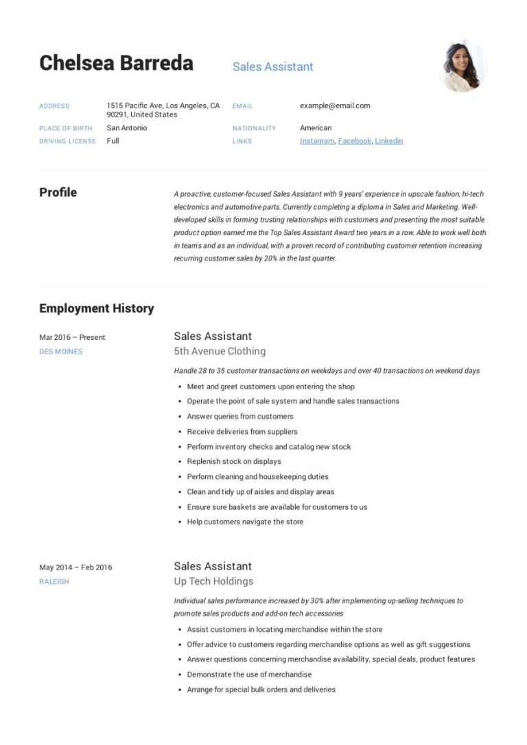 Retail Assistant Cv Example No Experience