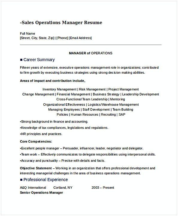 Sales Operations Manager Resume