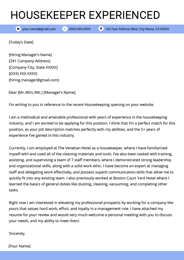 Housekeeping Cover Letter No Experience