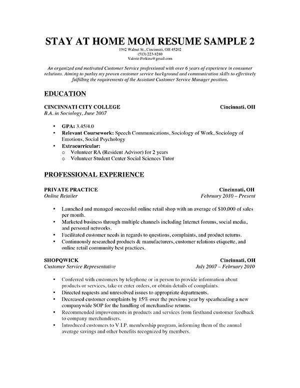 Stay At Home Mom Back To Work Resume Example