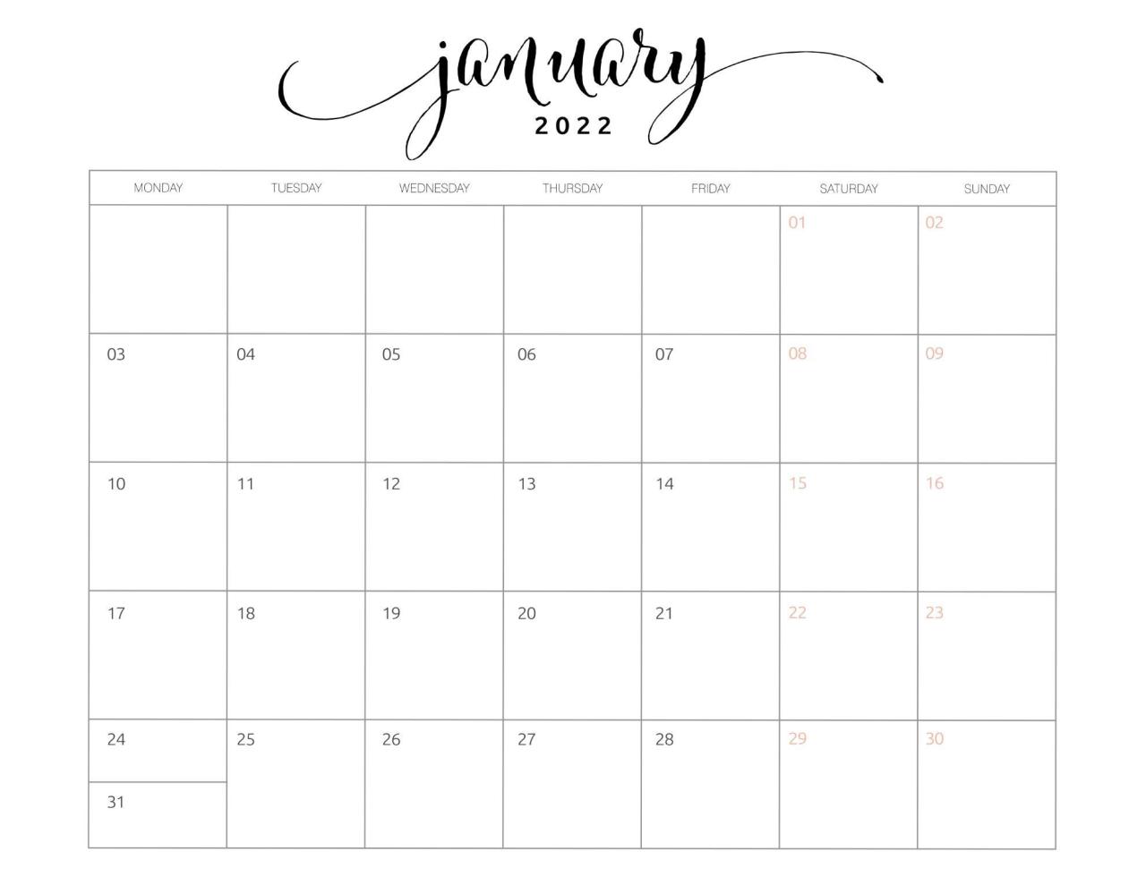 January 2022 Calendar Printable Pdf
