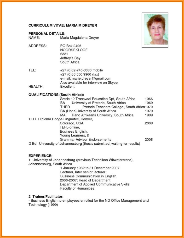 Curriculum Vitae Samples For Teachers Pdf