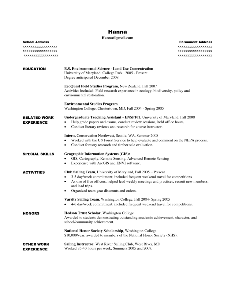 Internship Resume Template Free