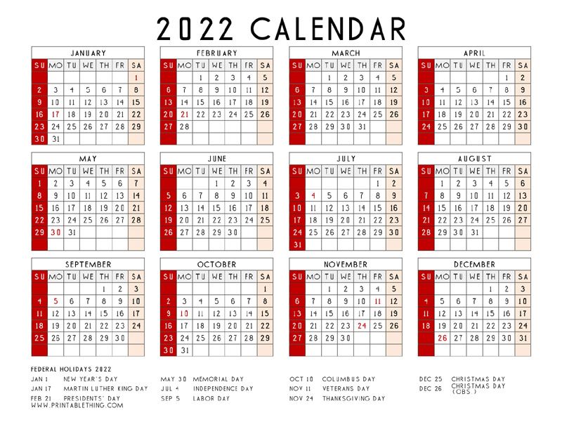 2022 One Page Calendar With Holidays