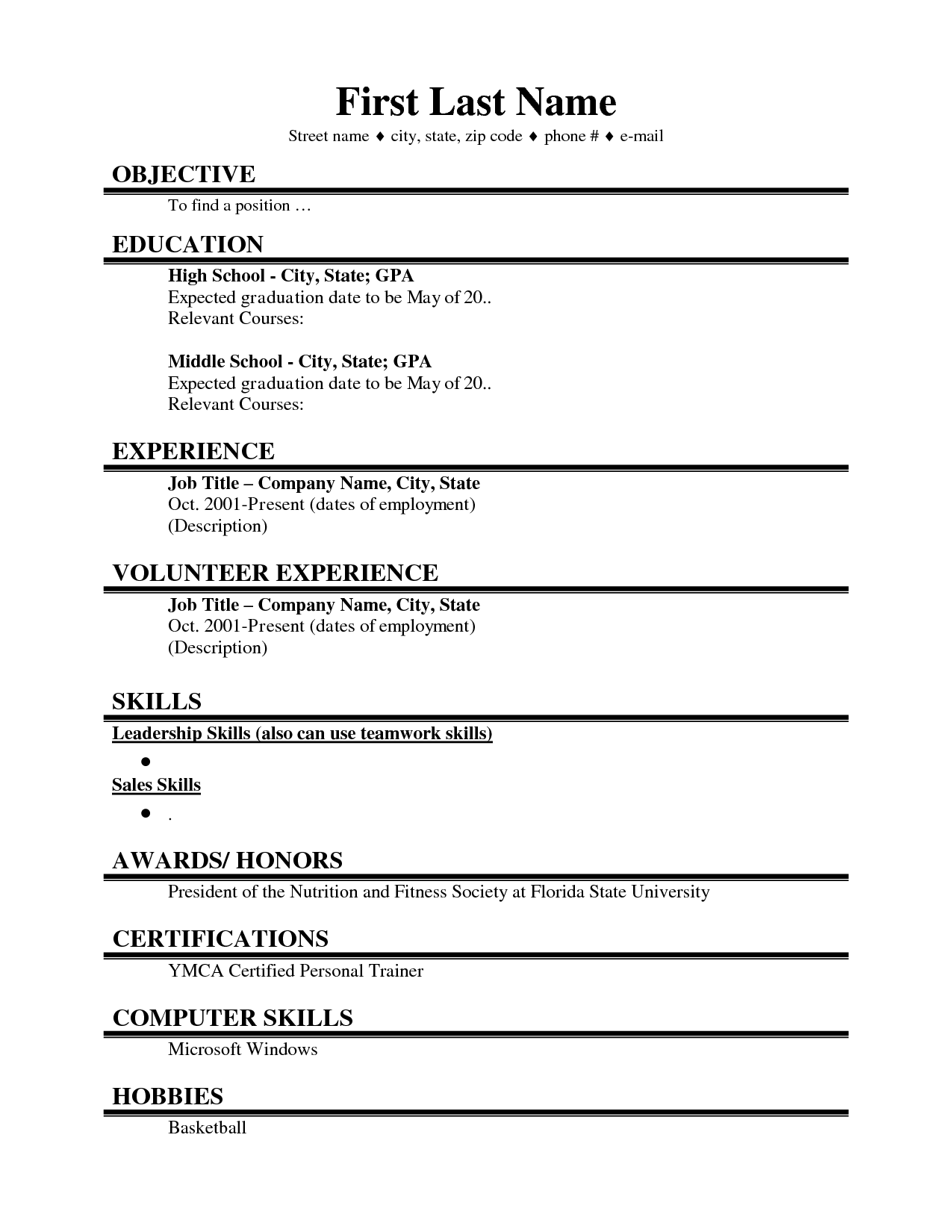 First Resume Examples