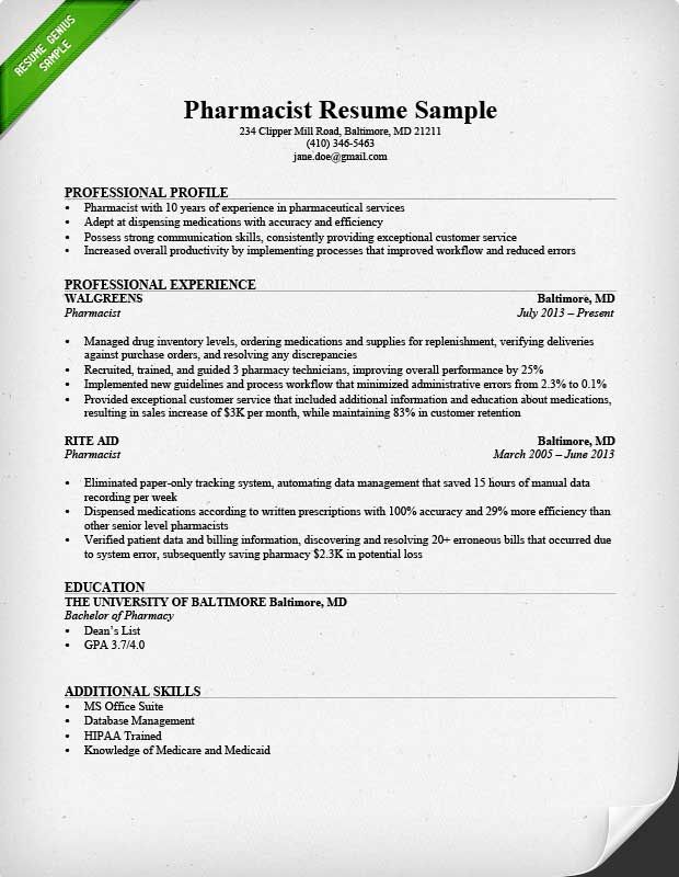 Pharmacist Resume Sample