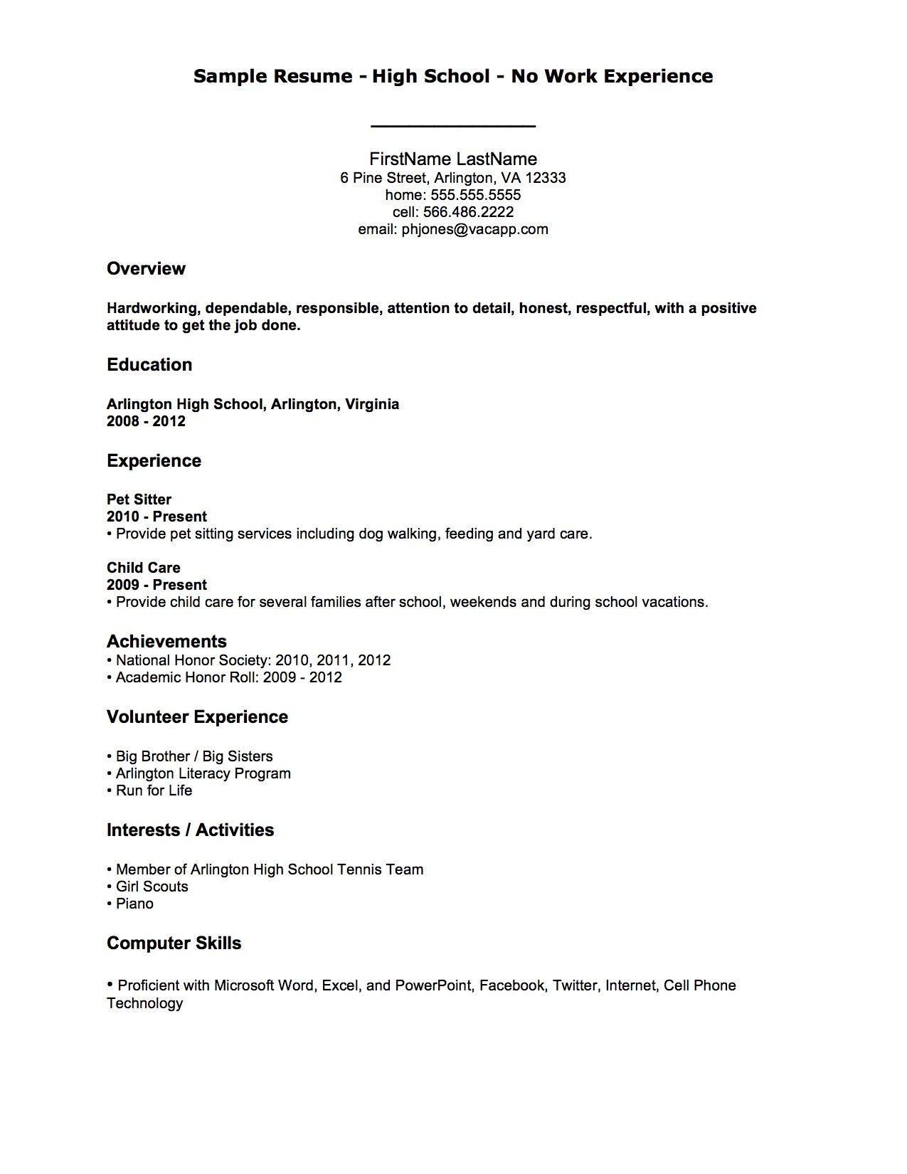 Sample Resume With No Work Experience
