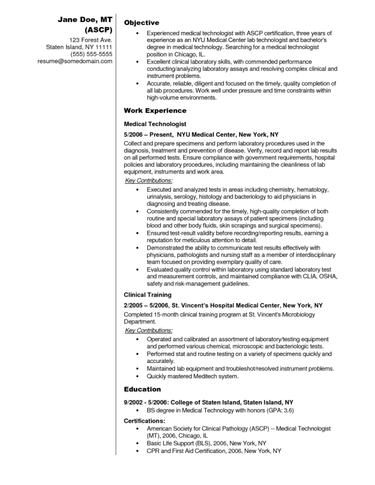 Medical Technologist Resume No Experience