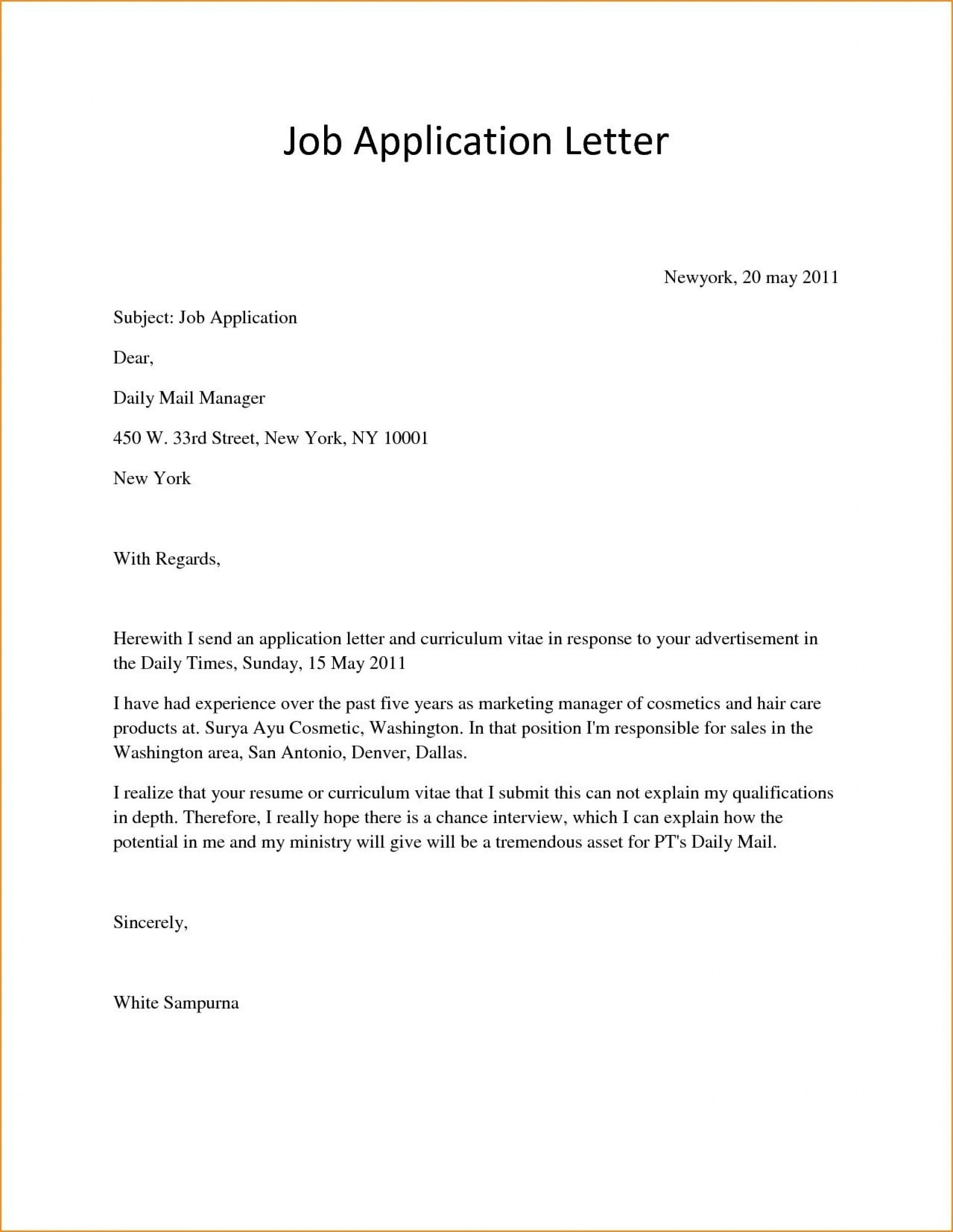 Personal Letter For Job Application