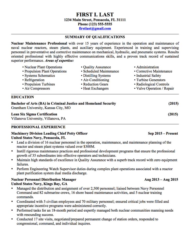 Military Resume Summary Examples