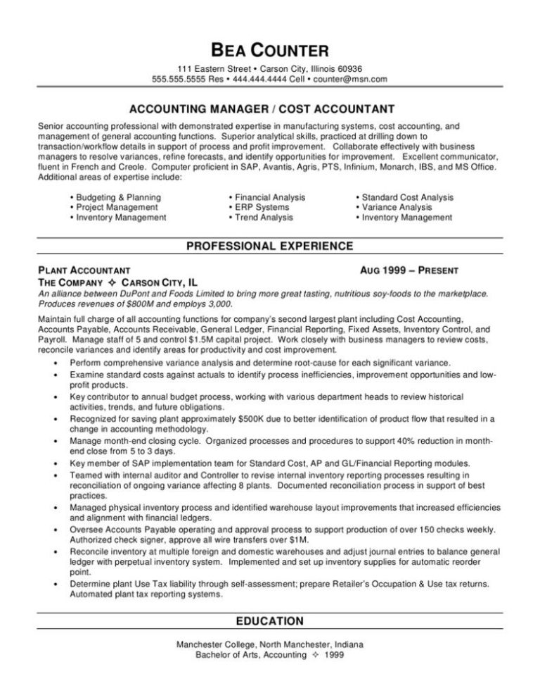 Accounting Manager Resume Summary